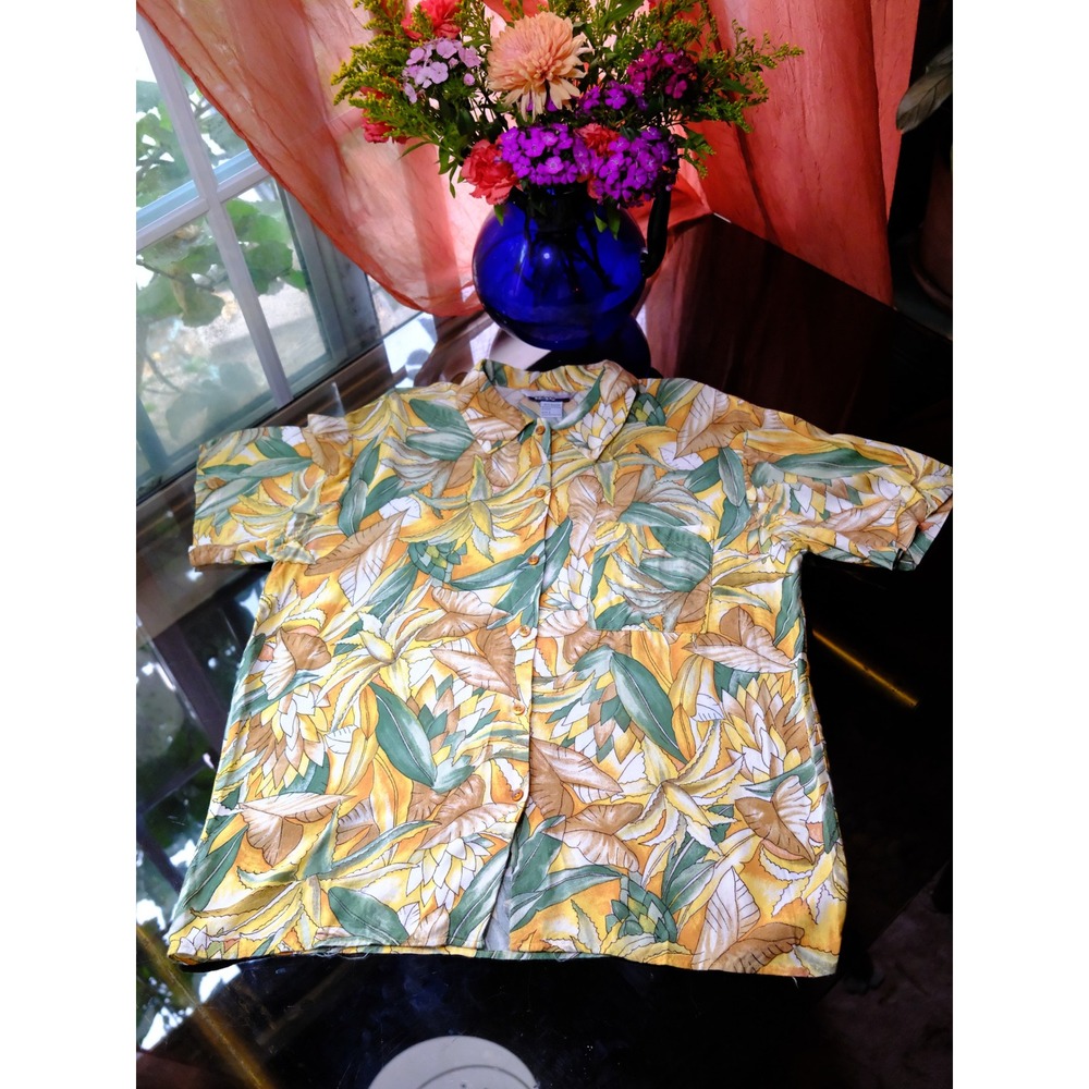 Melrose Options Yellow Tropical Floral Rayon Short Sleeve Button Up S Large